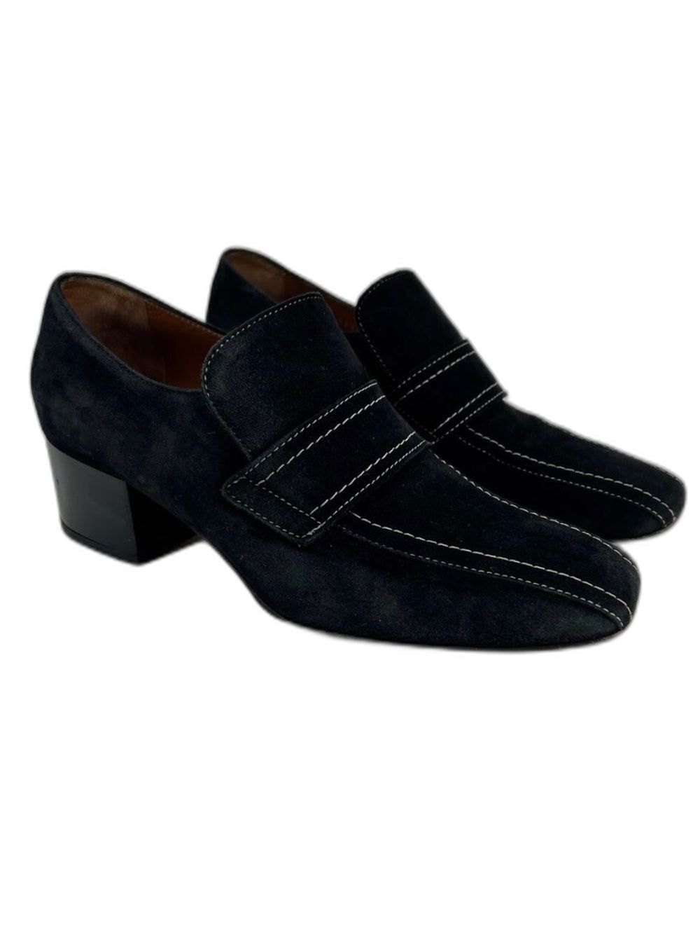 Aquatalia Carmeline Black Suede Slip-On Loafers White Contrast Stitching Italy